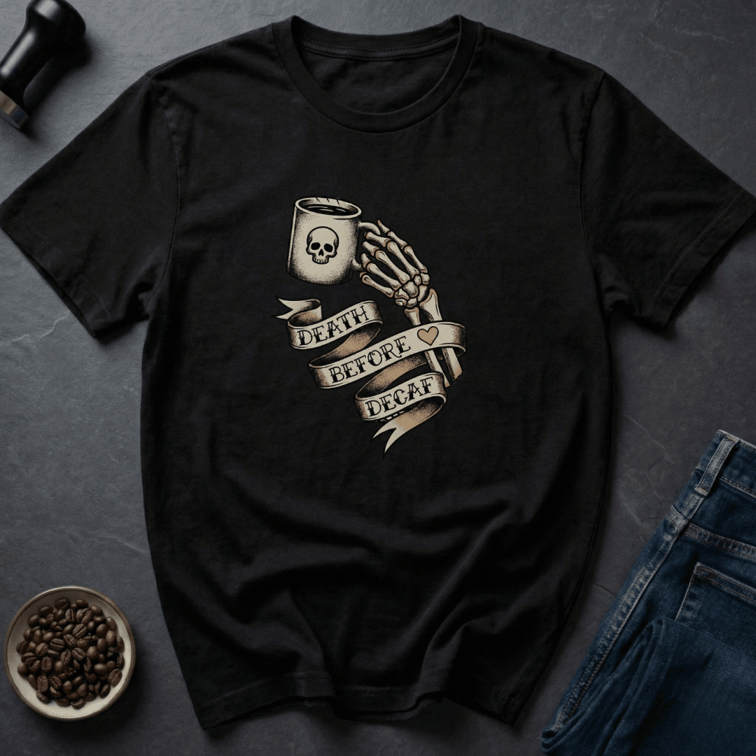 Coffee graphic Death Before Decaf T-Shirt in Dark Chocolate / S by Caffeine Dept