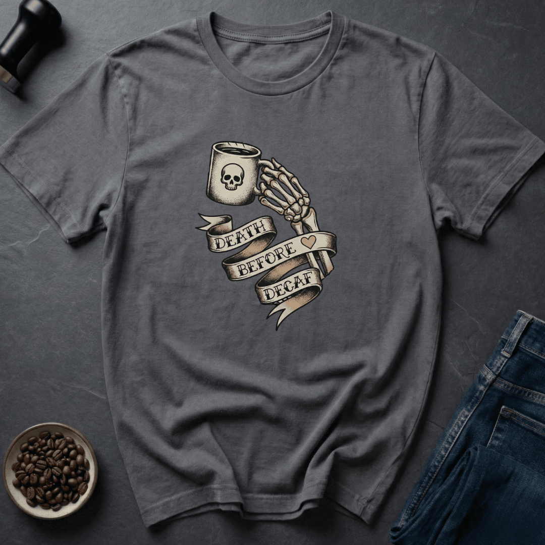 Coffee graphic Death Before Decaf T-Shirt in Dark Chocolate / S by Caffeine Dept