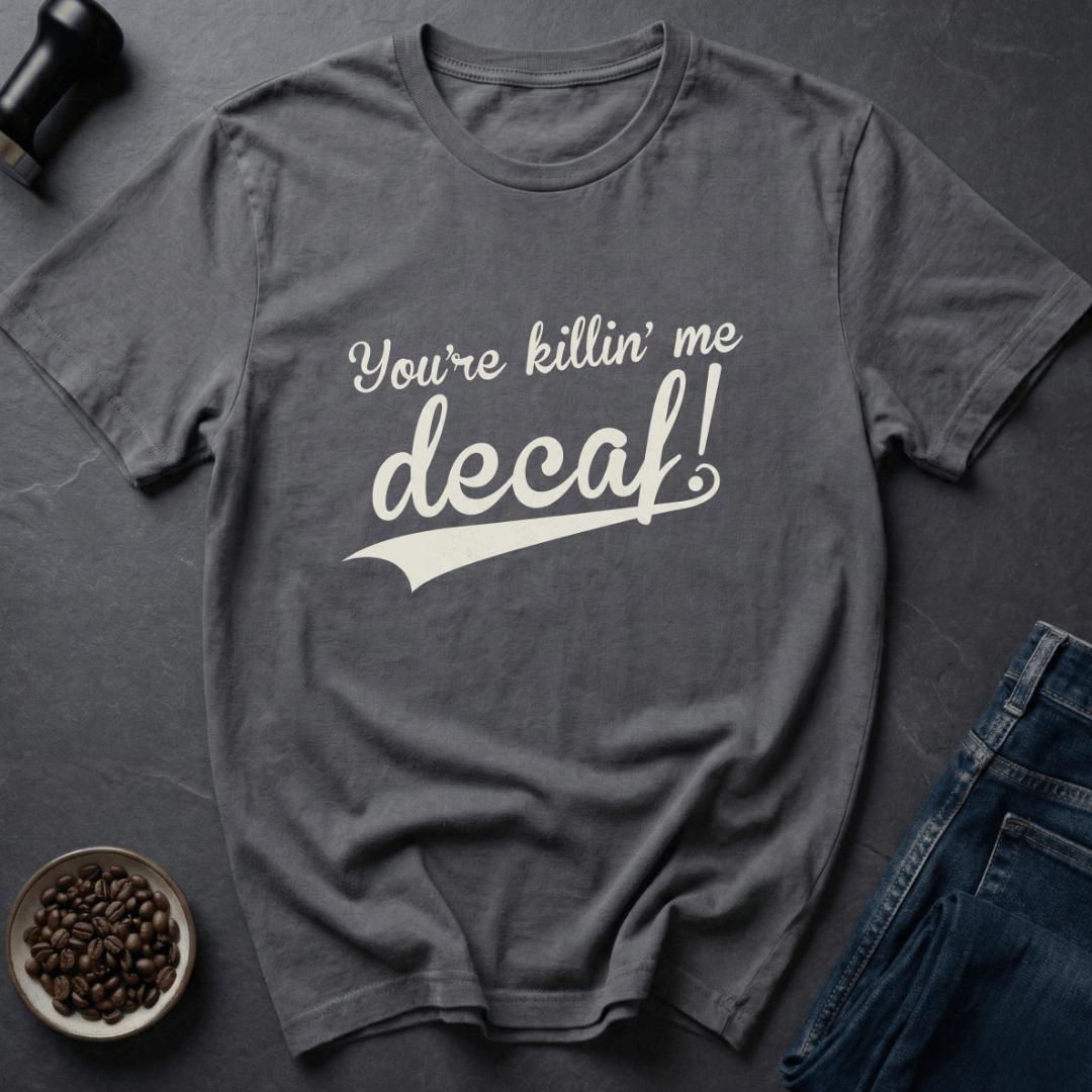 Coffee graphic Decaf Crisis T-Shirt in Charcoal / S by Caffeine Dept
