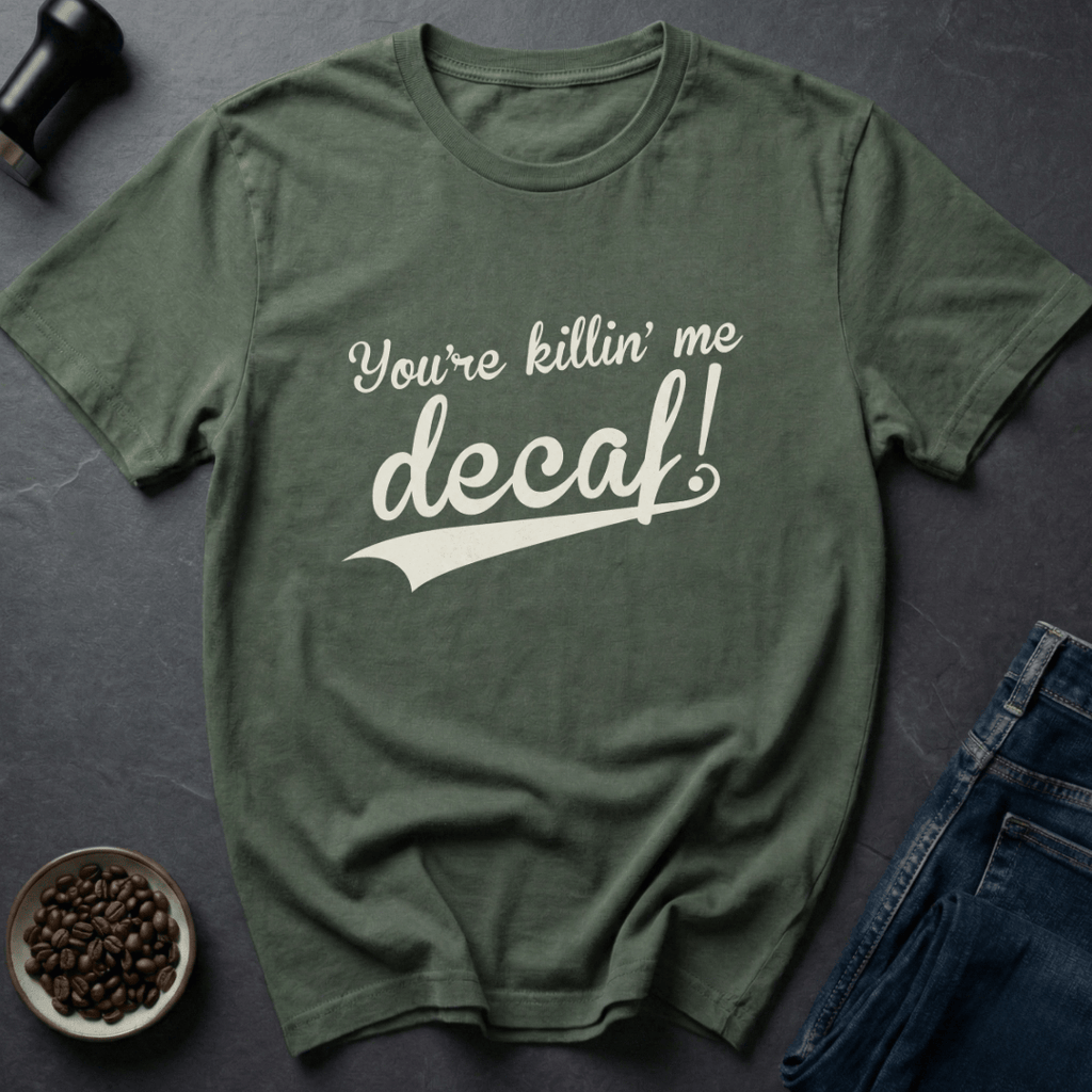 Coffee graphic Decaf Crisis T-Shirt in Military Green / S by Caffeine Dept