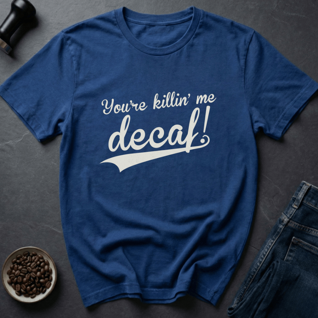 Coffee graphic Decaf Crisis T-Shirt in Royal / S by Caffeine Dept