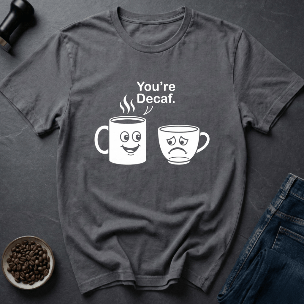 Coffee graphic Decaf Insult T-Shirt in Charcoal / S by Caffeine Dept