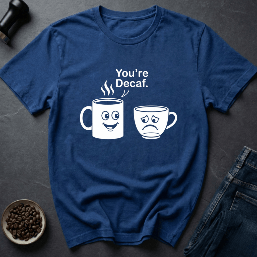 Coffee graphic Decaf Insult T-Shirt in Royal / S by Caffeine Dept