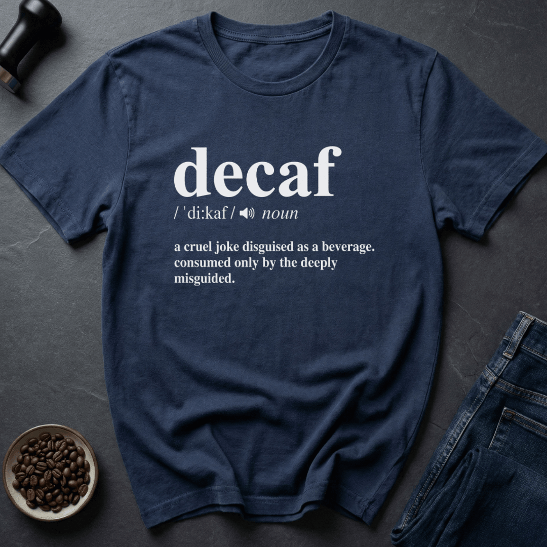 Coffee graphic Decaf Joke T-Shirt in Navy / S by Caffeine Dept