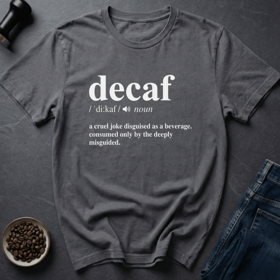 Coffee graphic Decaf Joke T-Shirt in Navy / S by Caffeine Dept