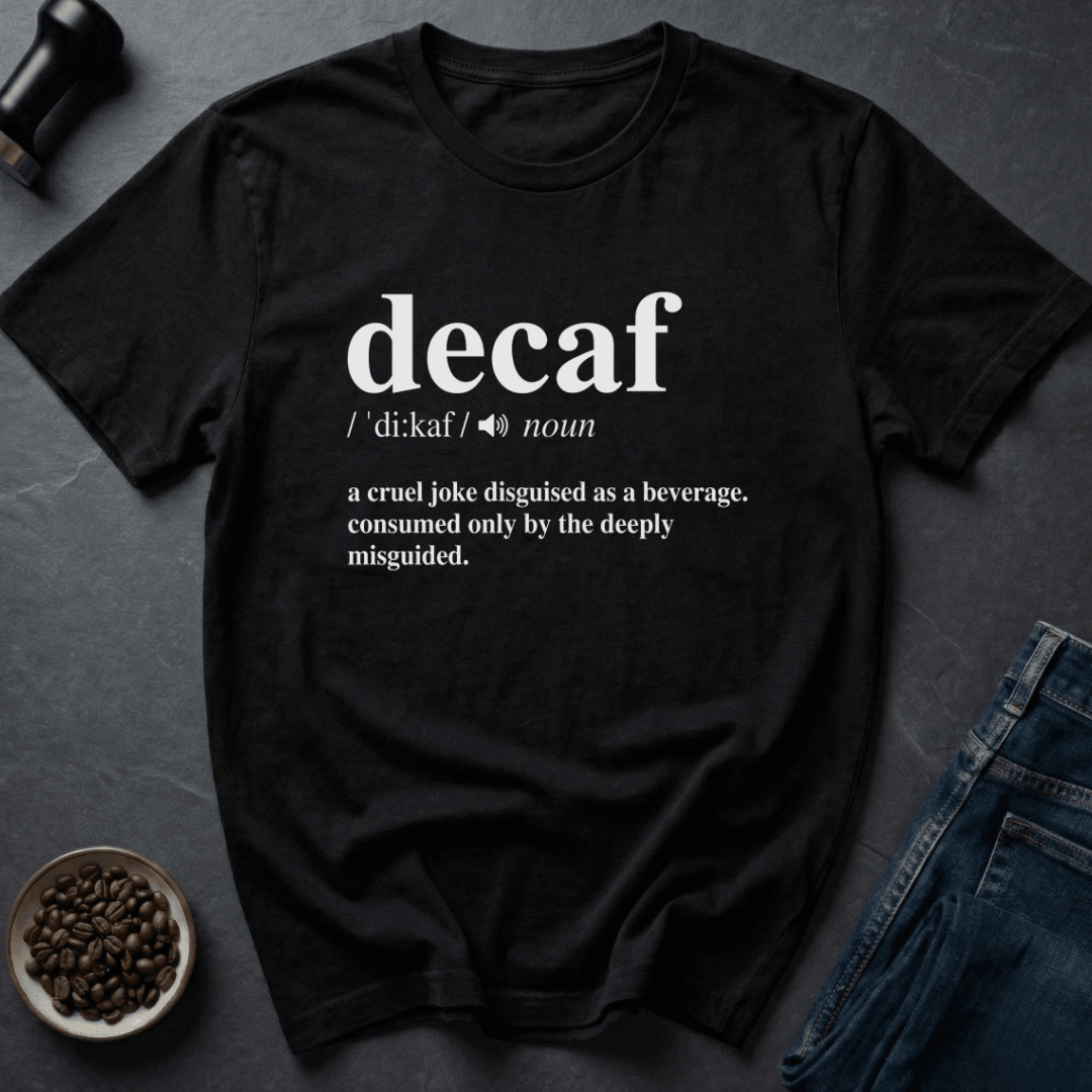 Coffee graphic Decaf Joke T-Shirt in Navy / S by Caffeine Dept
