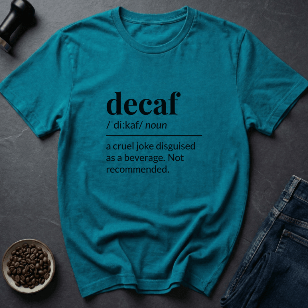 Coffee graphic Decaf Joke T-Shirt in Tropical Blue / S by Caffeine Dept