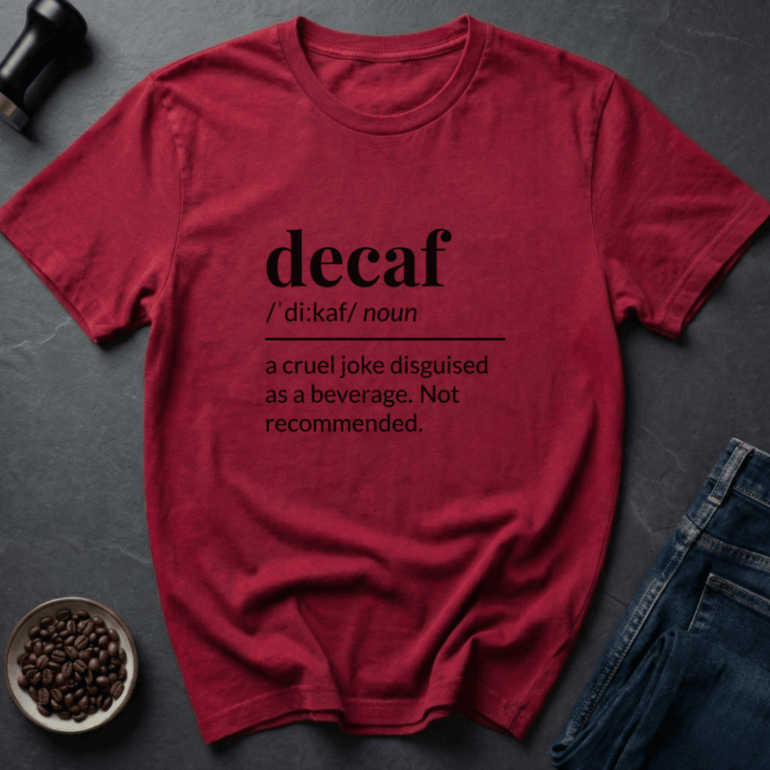 Coffee graphic Decaf Joke T-Shirt in Tropical Blue / S by Caffeine Dept