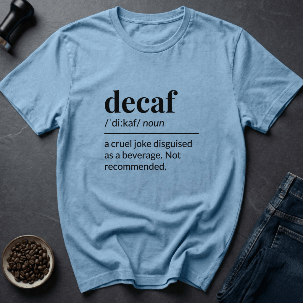 Coffee graphic Decaf Joke T-Shirt in Tropical Blue / S by Caffeine Dept