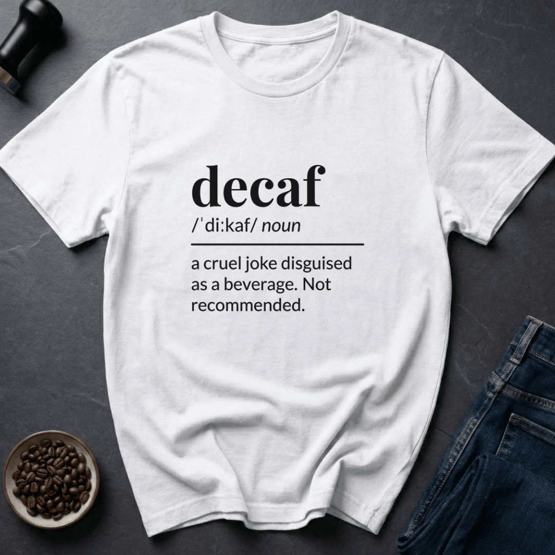 Coffee graphic Decaf Joke T-Shirt in Tropical Blue / S by Caffeine Dept