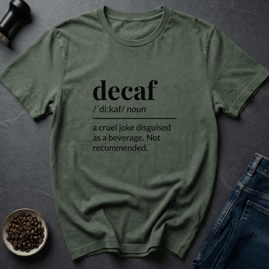 Coffee graphic Decaf Joke T-Shirt in Tropical Blue / S by Caffeine Dept