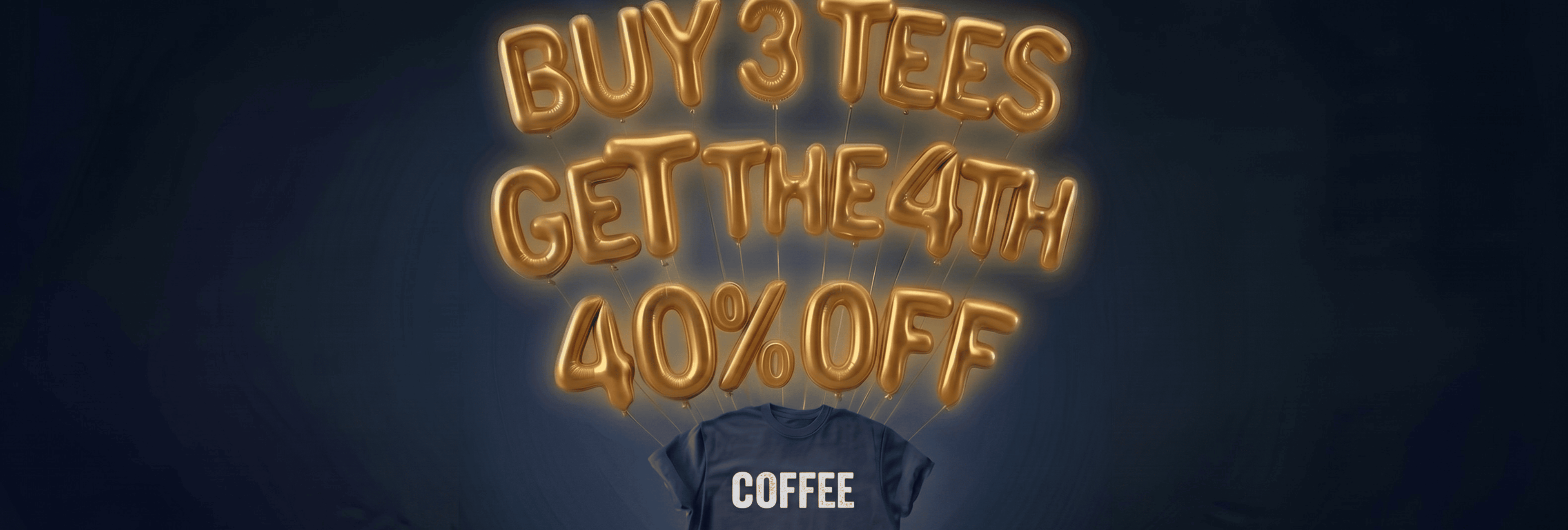 Promotional text for a t-shirt sale with a coffee-themed shirt on a dark background