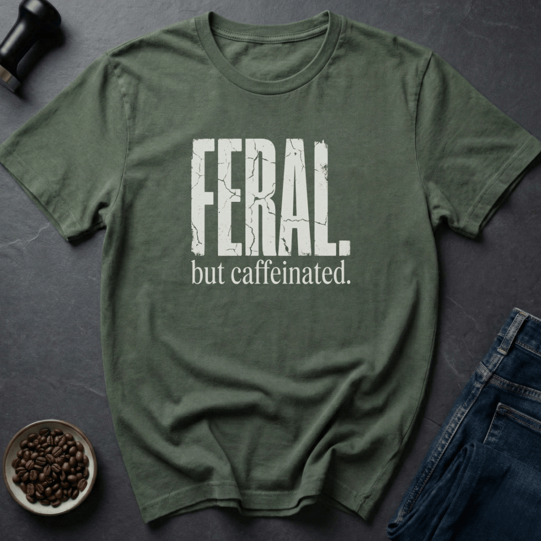 Coffee graphic Feral But Caffeinated T-Shirt in Military Green / S by Caffeine Dept