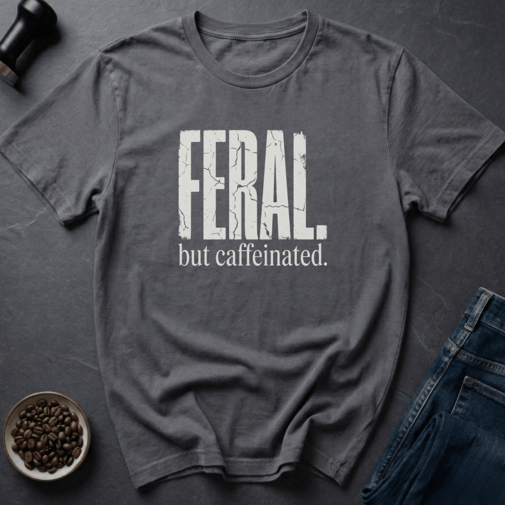 Coffee graphic Feral But Caffeinated T-Shirt in Military Green / S by Caffeine Dept
