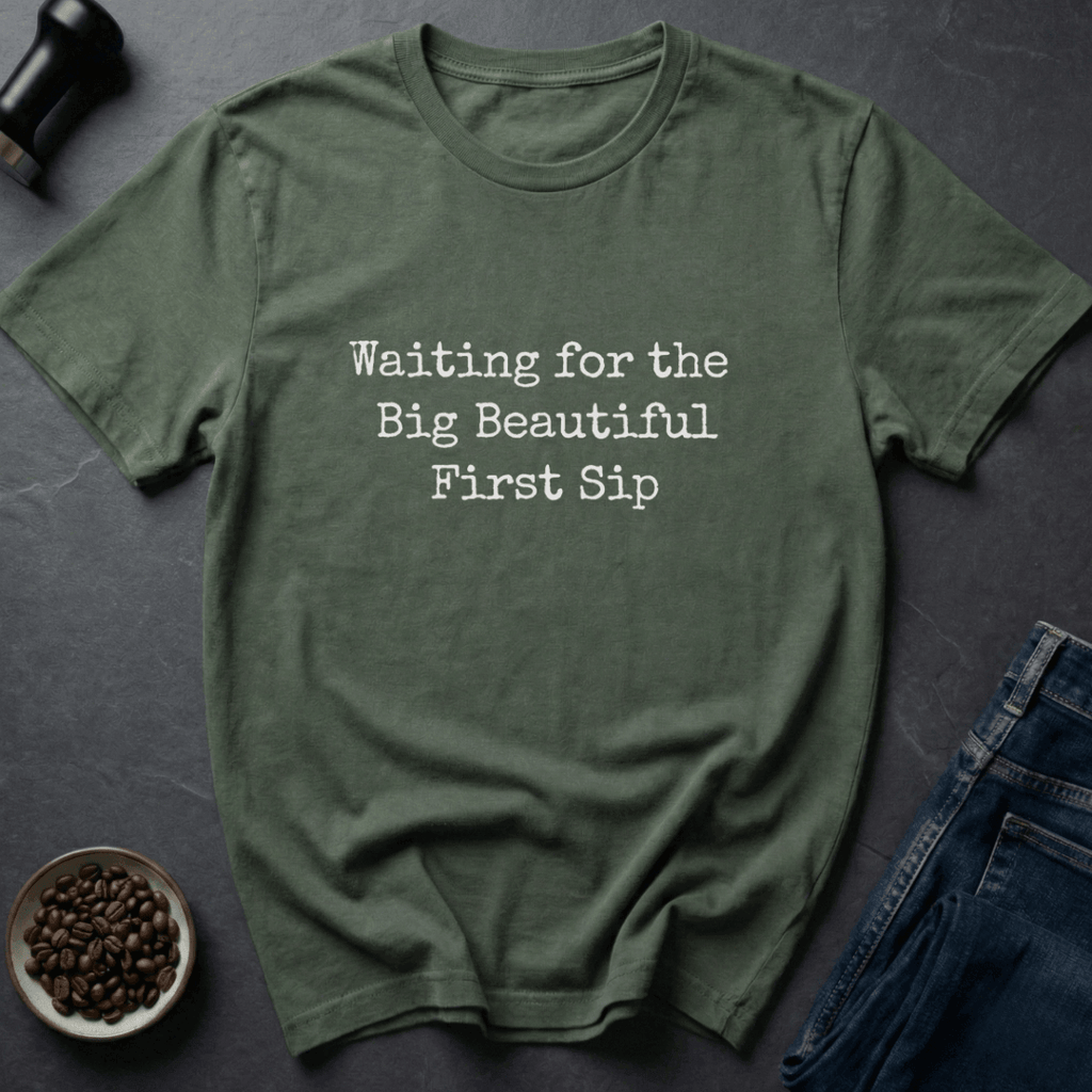 Coffee graphic First Sip T-Shirt in Military Green / S by Caffeine Dept