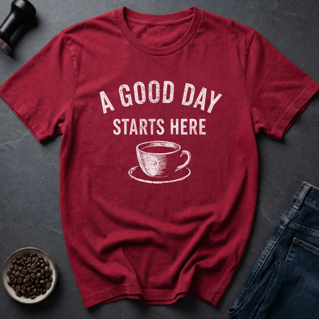 Coffee graphic Good Day T-Shirt in Heather Red / S by Caffeine Dept