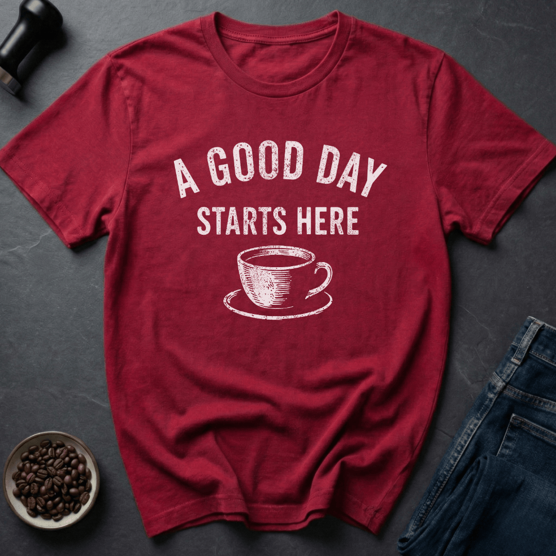 Coffee graphic Good Day T-Shirt in Heather Red / S by Caffeine Dept