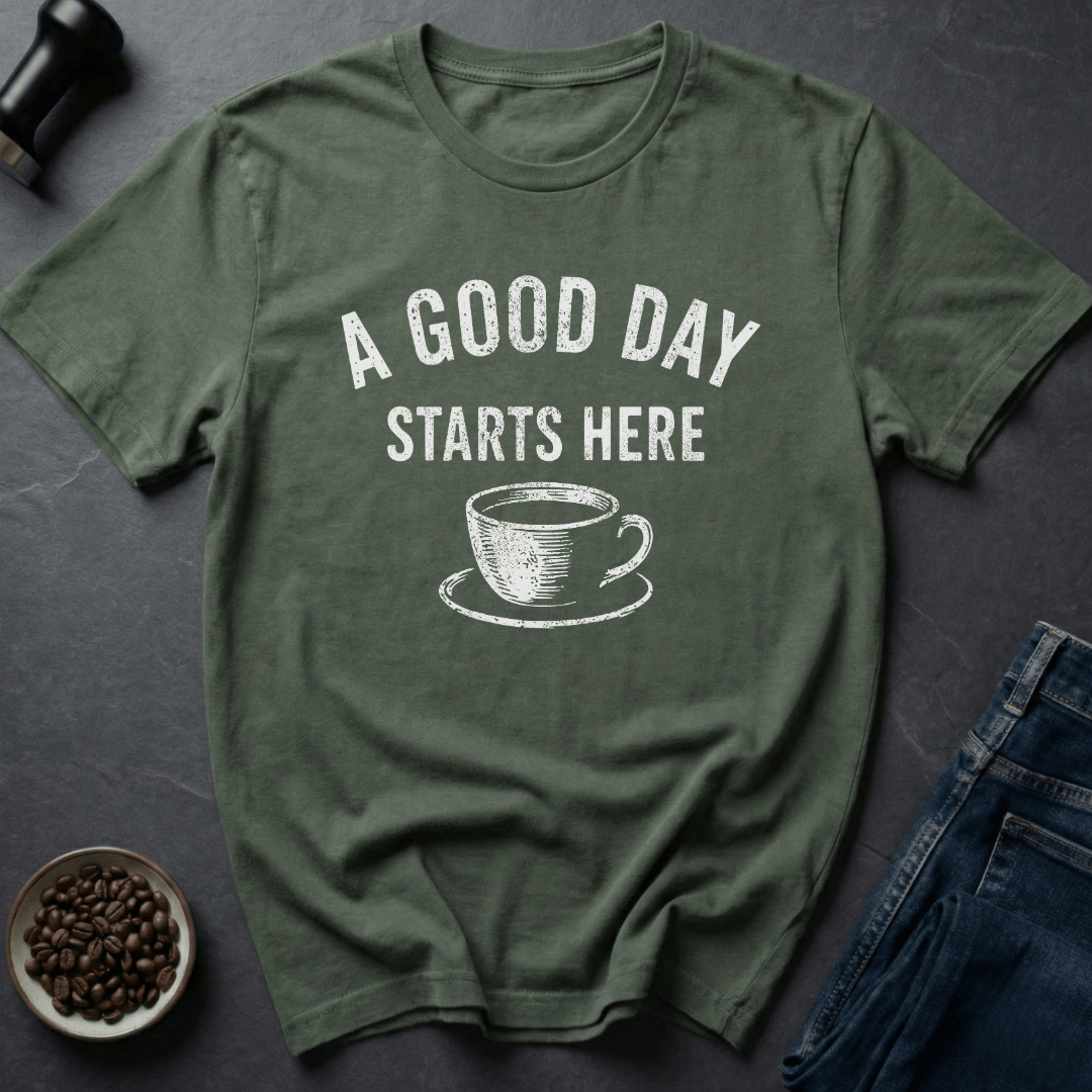 Coffee graphic Good Day T-Shirt in Military Green / S by Caffeine Dept