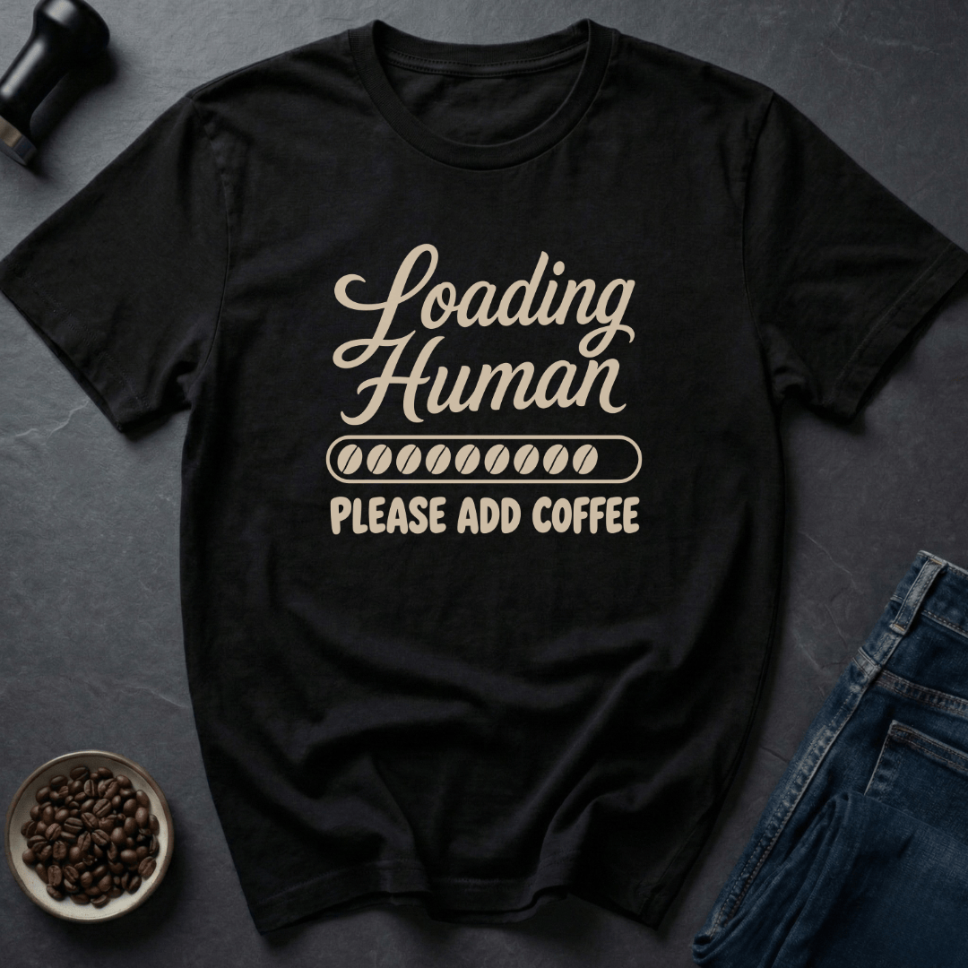 Coffee graphic Loading Human T-Shirt in Black / S by Caffeine Dept
