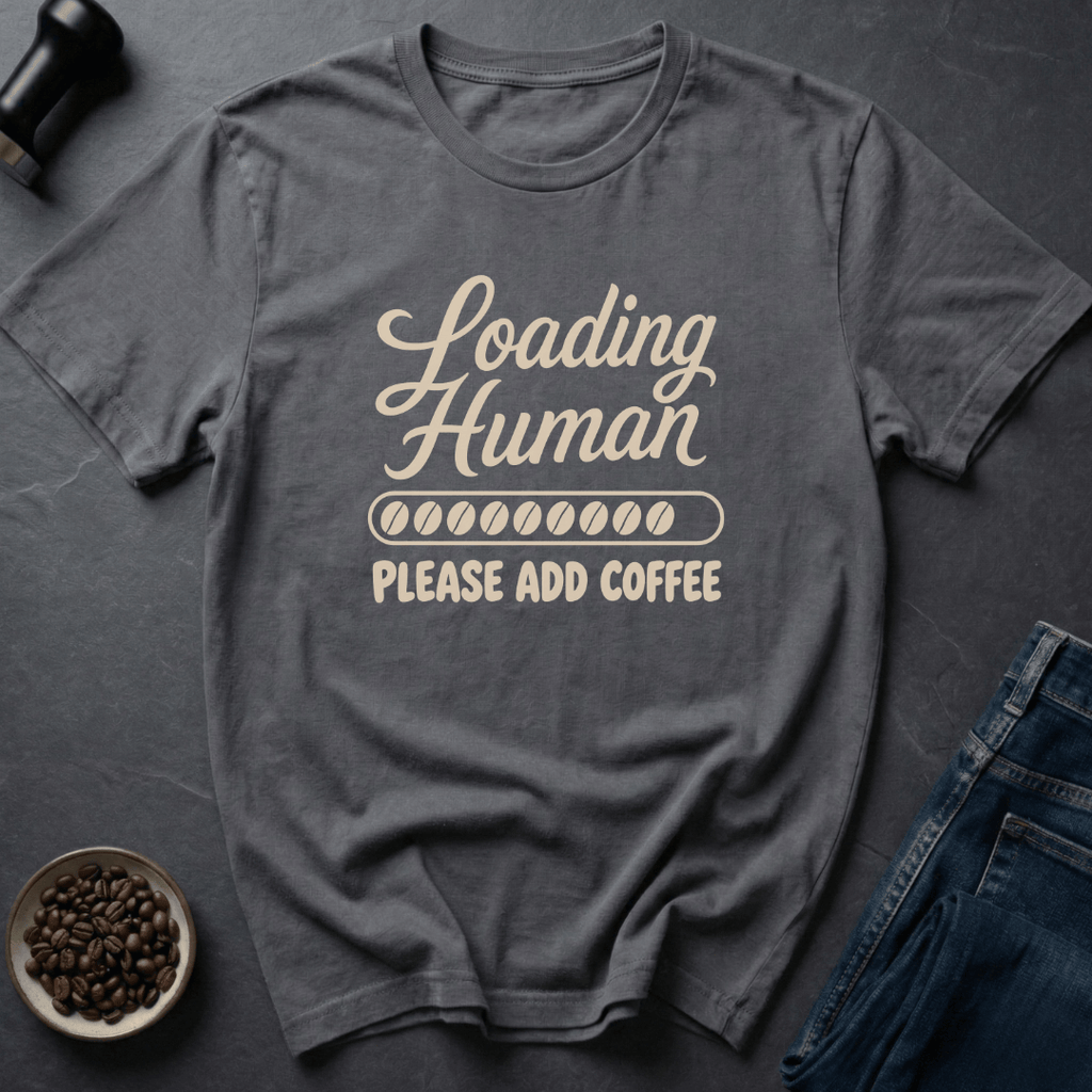 Coffee graphic Loading Human T-Shirt in Charcoal / S by Caffeine Dept