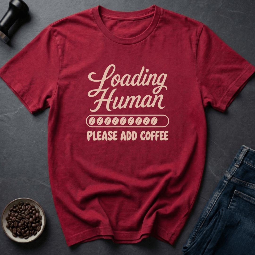 Coffee graphic Loading Human T-Shirt in Heather Red / S by Caffeine Dept