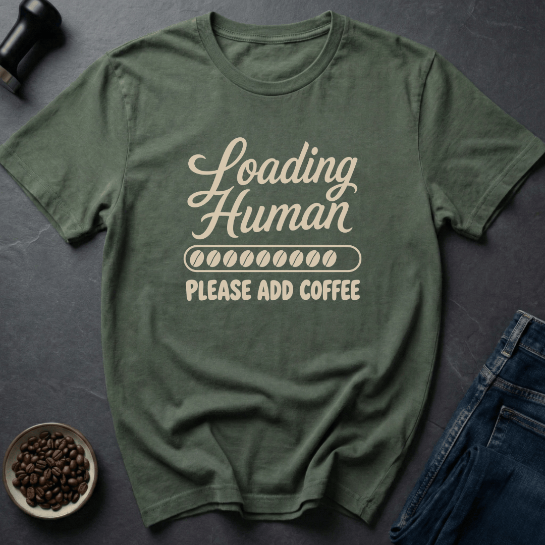 Coffee graphic Loading Human T-Shirt in Military Green / S by Caffeine Dept