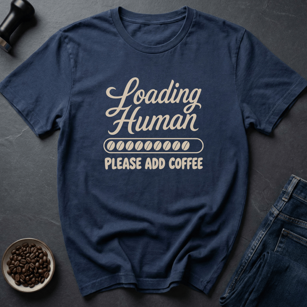 Coffee graphic Loading Human T-Shirt in Navy / S by Caffeine Dept