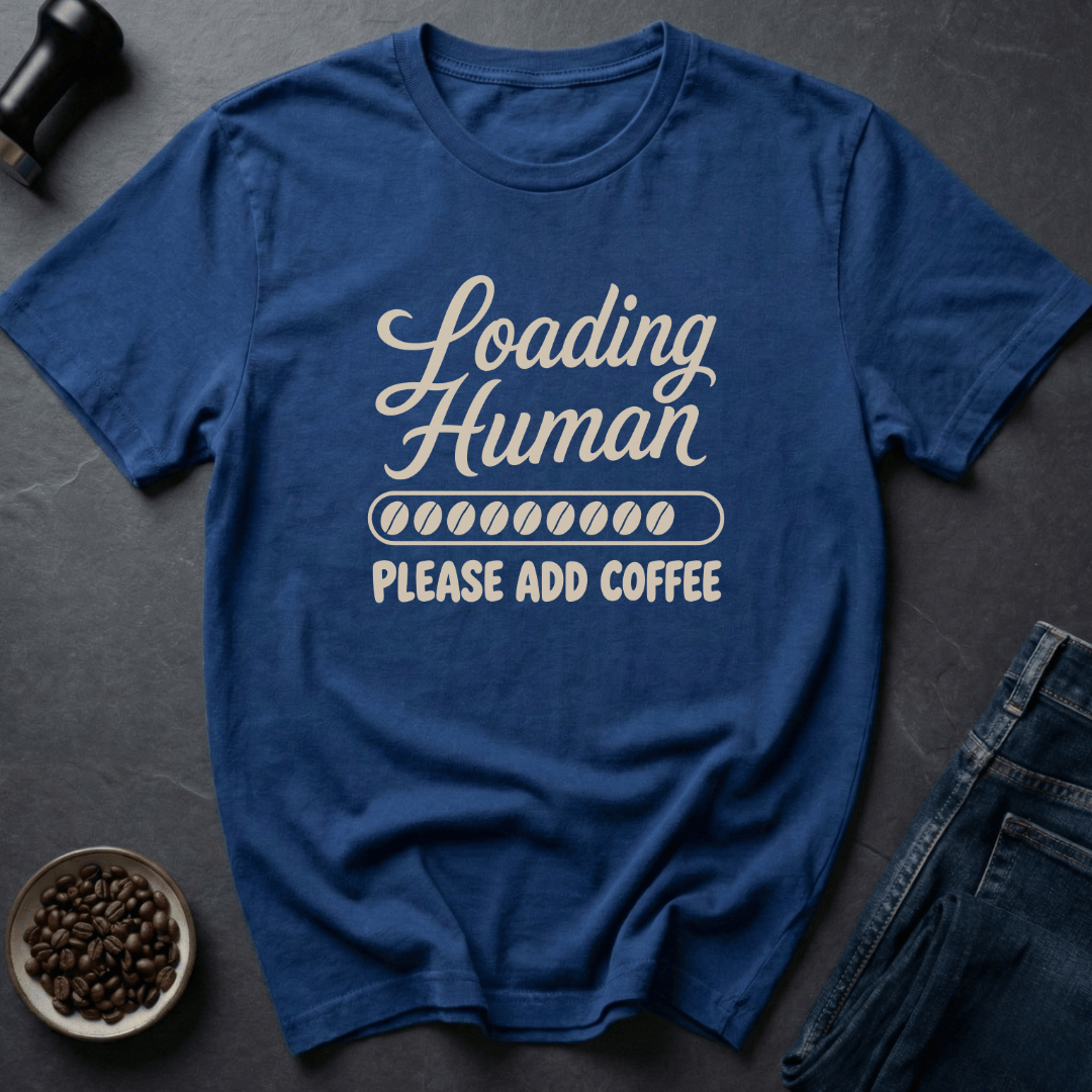 Coffee graphic Loading Human T-Shirt in Royal / S by Caffeine Dept