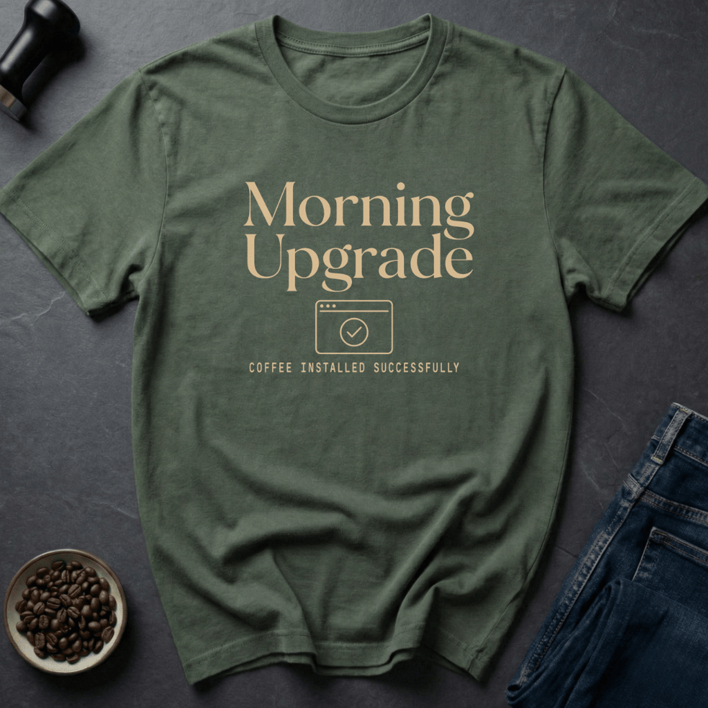 Coffee graphic Morning Upgrade T-Shirt in Military Green / S by Caffeine Dept
