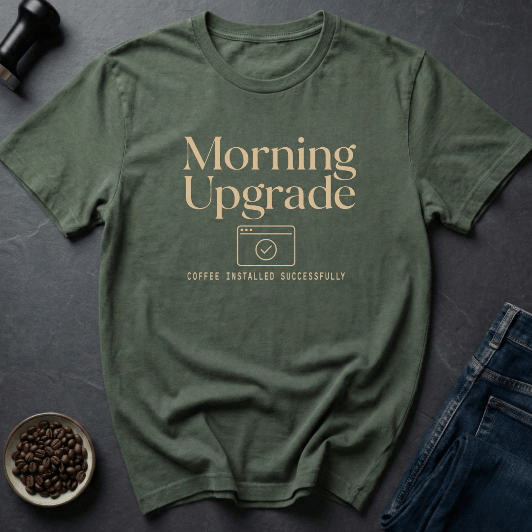Coffee graphic Morning Upgrade T-Shirt in Military Green / S by Caffeine Dept