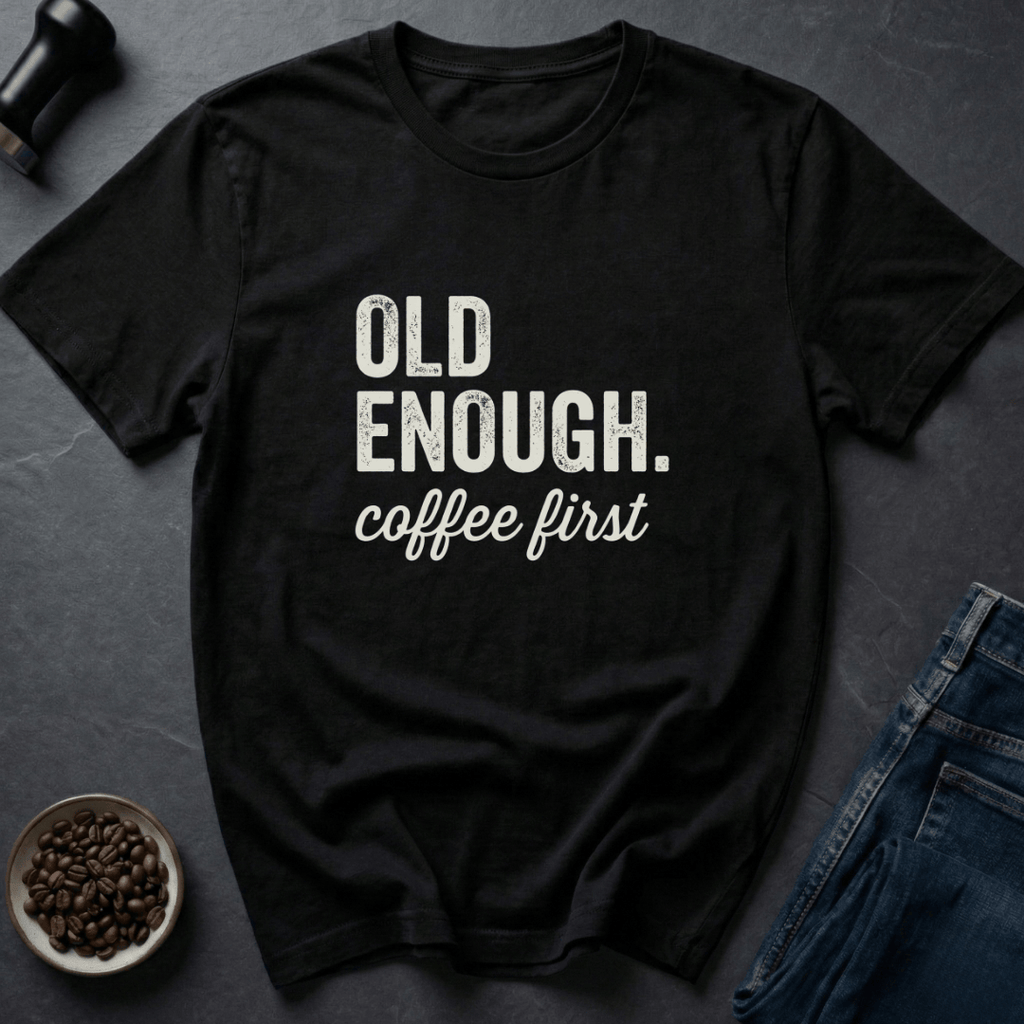 Coffee graphic Old Enough T-Shirt in Dark Chocolate / S by Caffeine Dept