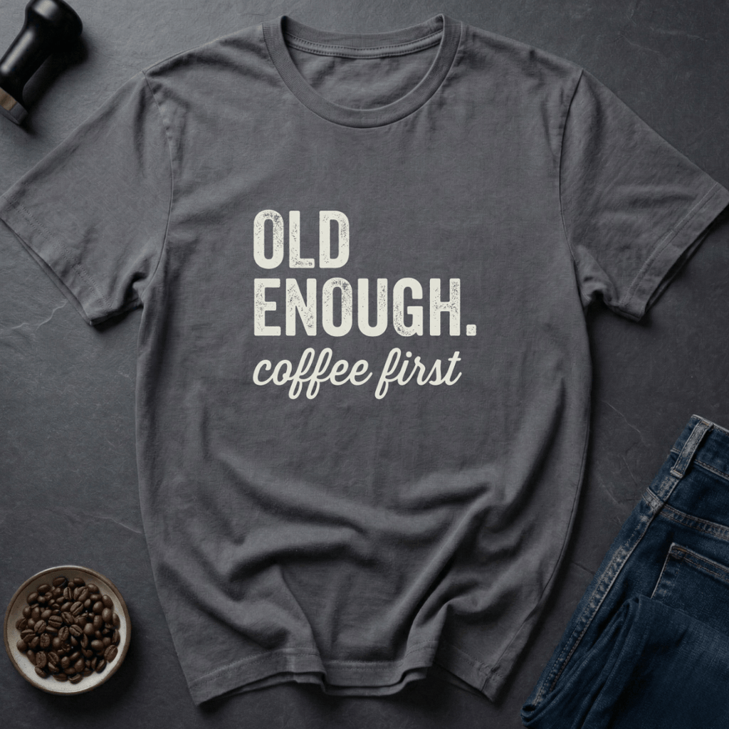 Coffee graphic Old Enough T-Shirt in Dark Chocolate / S by Caffeine Dept