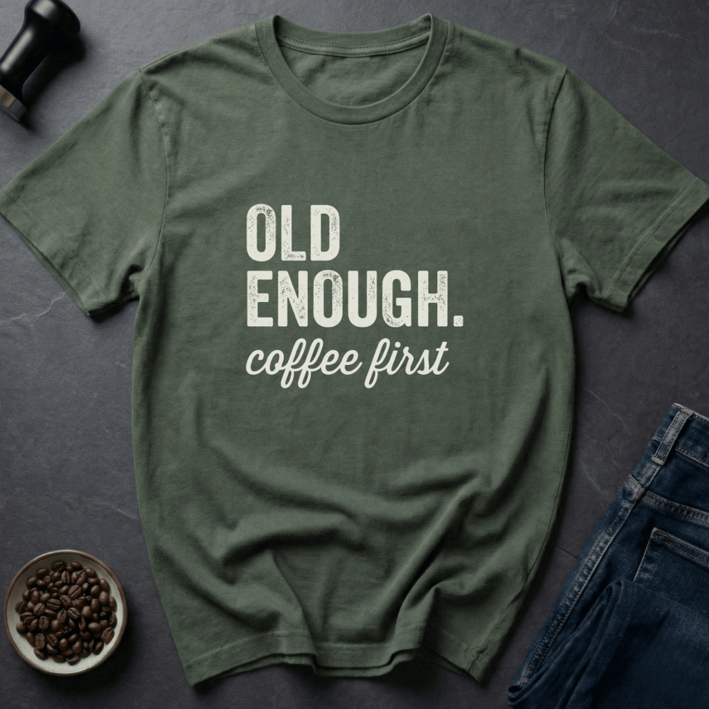 Coffee graphic Old Enough T-Shirt in Dark Chocolate / S by Caffeine Dept