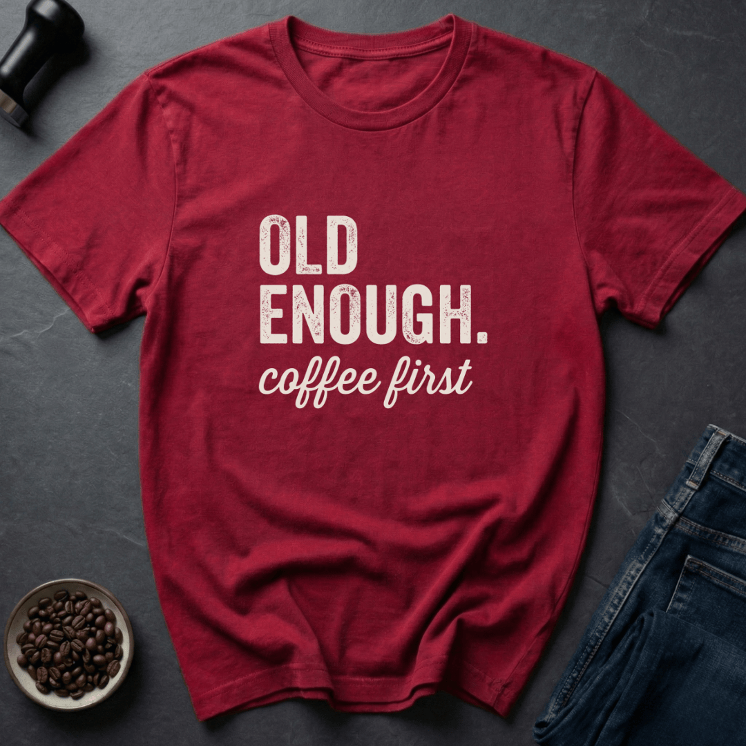 Coffee graphic Old Enough T-Shirt in Dark Chocolate / S by Caffeine Dept