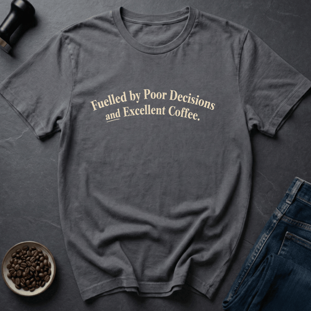 Coffee graphic Poor Decisions T-Shirt in Charcoal / S by Caffeine Dept
