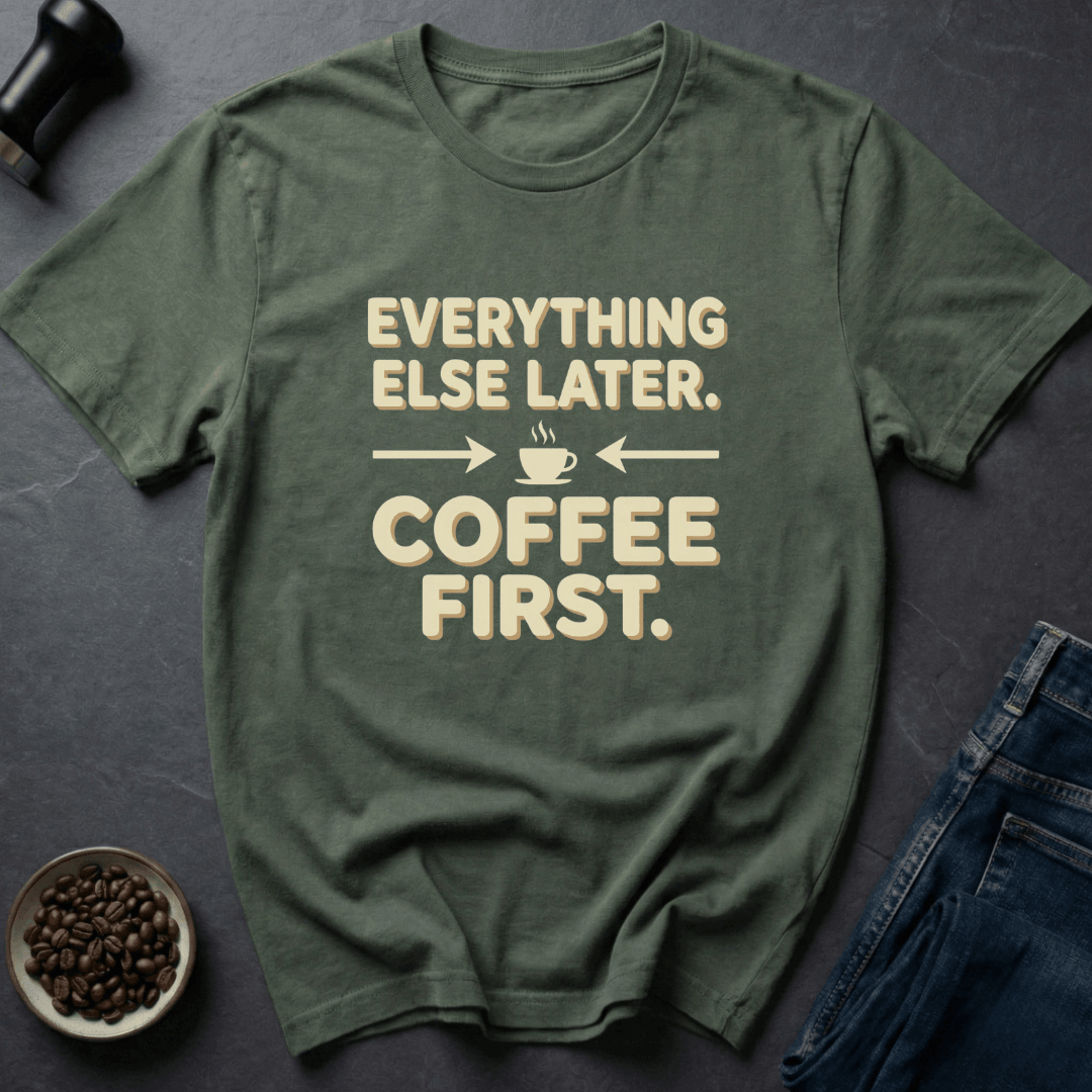 Coffee graphic Priorities First T-Shirt in Charcoal / S by Caffeine Dept