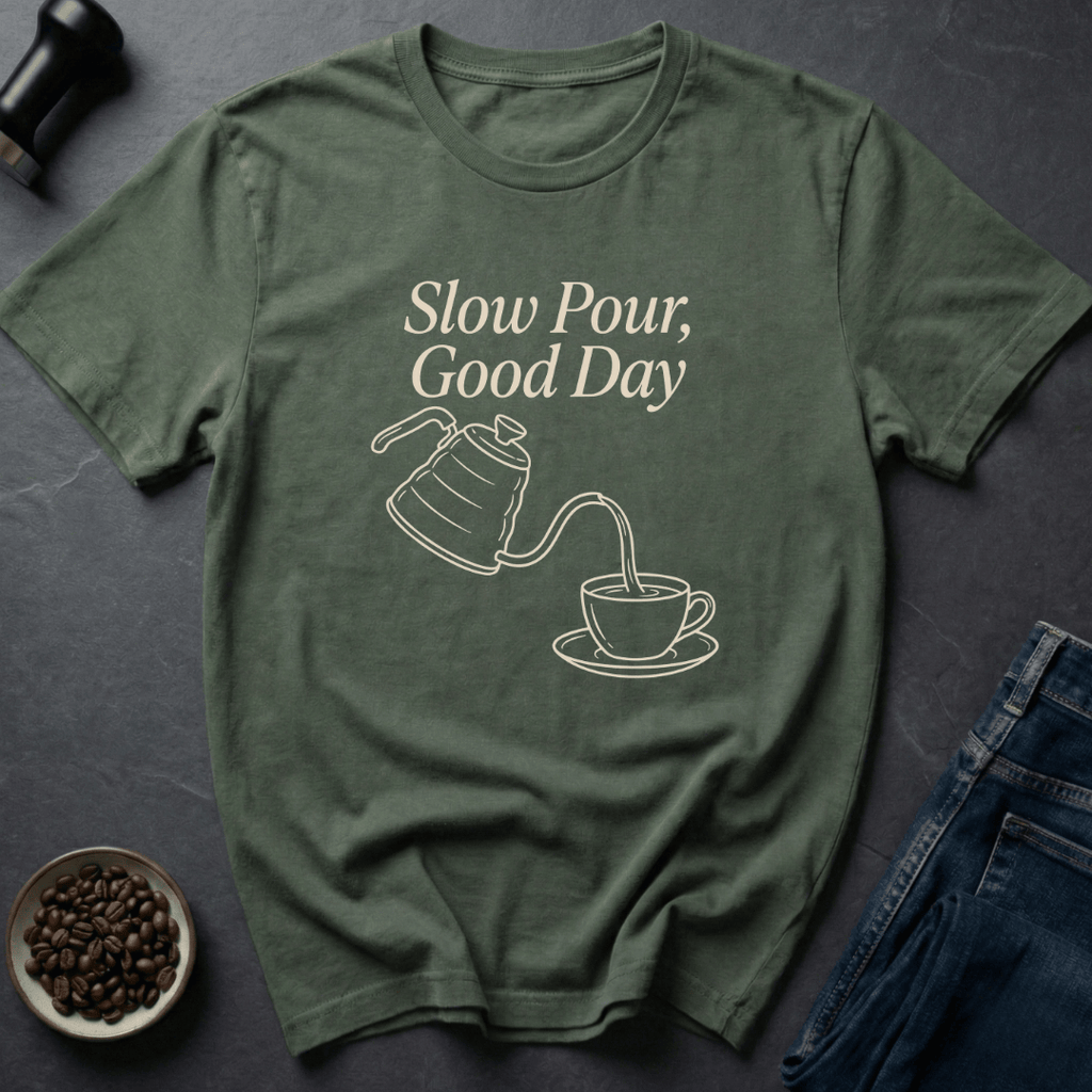 Coffee graphic Slow Pour T-Shirt in Military Green / S by Caffeine Dept