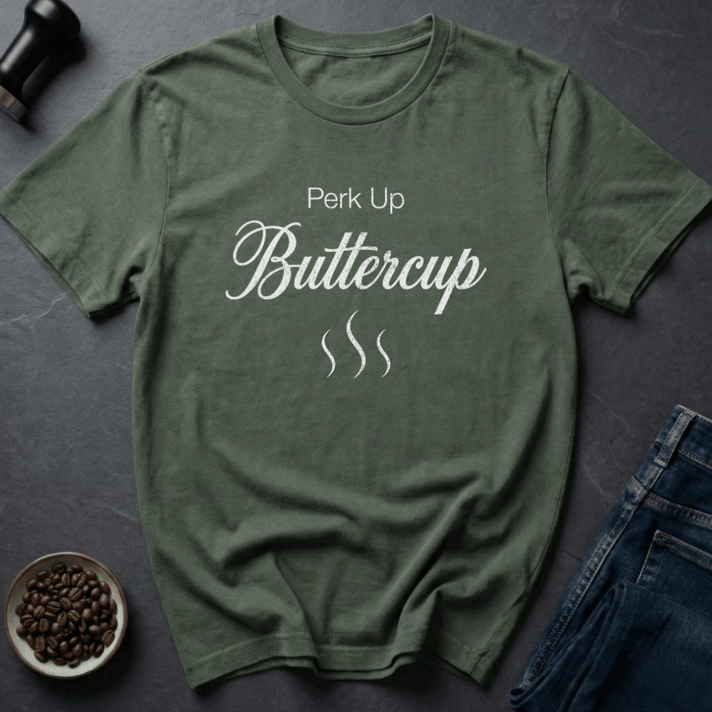 Coffee graphic Up Buttercup T-Shirt in Military Green / S by Caffeine Dept