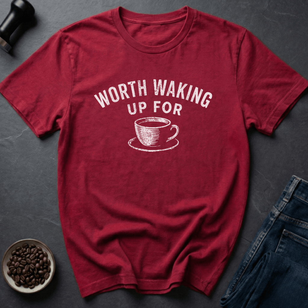 Coffee graphic Waking Up T-Shirt in Heather Red / S by Caffeine Dept