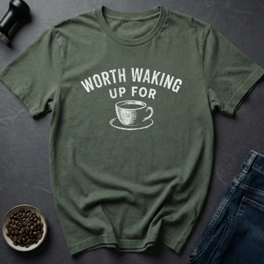 Coffee graphic Waking Up T-Shirt in Military Green / S by Caffeine Dept