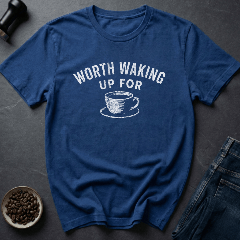 Coffee graphic Waking Up T-Shirt in Royal / S by Caffeine Dept
