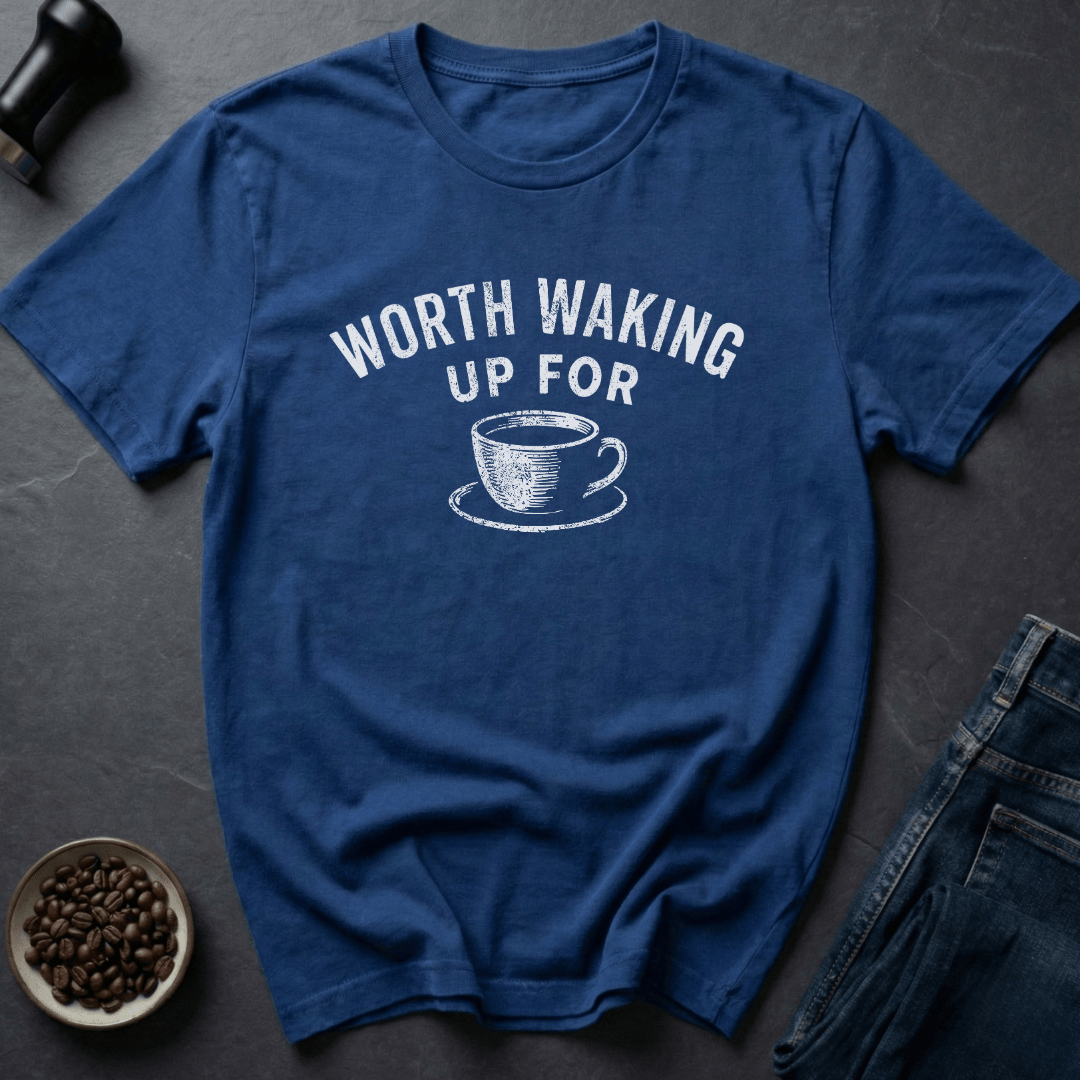 Coffee graphic Waking Up T-Shirt in Royal / S by Caffeine Dept